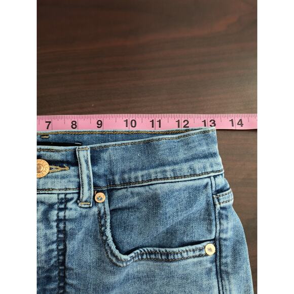 Express Cropped Flare Hi Rise Jeans Wmn's Sz 4 Frayed Stonewashed Stretch Denim - Picture 10 of 16